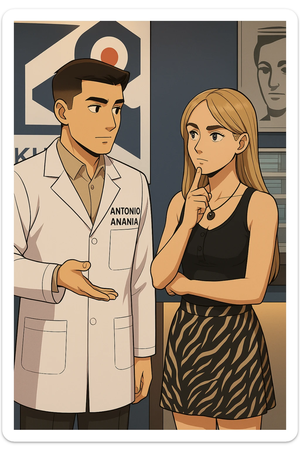 fai un webtoon/manga a colori con questo kinesiologo in camice bianco (fagli la scritta "ANTONIO ANANIA" SUL CAMICE) CHE PARLA CON QUESTA RAGAZZA CON GLI OCCHI AZZURRI. la ragazza HA UN DITO SUL MENTO MENTRE PENSIEROSA gli fa una domanda e IL KINESIOLOGO CON IL CAMICE BIANCO LE risponde. NON FARE I FUMETTI, FAI SOLO LORO COME SE DIALOGASSERO sticker