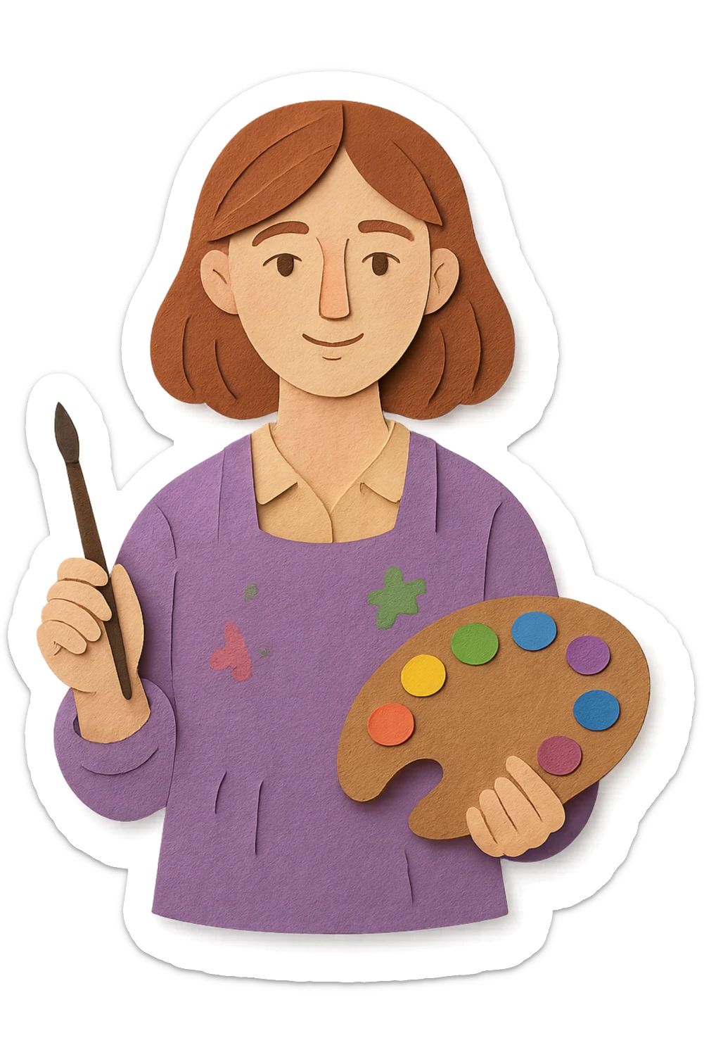 Serene female oil painter, Caucasian features, shoulder-length auburn hair, soft brown eyes, gentle smile, wearing a violet painter’s smock lightly stained with paint over a beige blouse, holding a wooden palette with vibrant colors in one hand and a brush in the other, waist-up, front-facing sticker