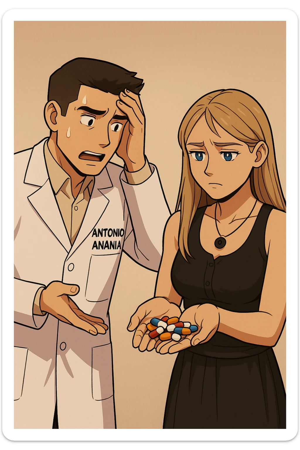 fai un webtoon/manga a colori con questo kinesiologo in camice bianco (fagli la scritta "ANTONIO ANANIA" SUL CAMICE) CHE PARLA CON QUESTA RAGAZZA CON GLI OCCHI AZZURRI. LA RAGAZZA HA UN PUGNO DI INTEGRATORI IN MANO (TANTE PILLOLE DIVERSE) E LE GUARDA DUBBIOSA. IL KINESIOLOGO CON IL CAMICE BIANCO SI TIENE UNA MANO SULLA FRONTE SCONFORTATO MENTRE LE DICE CHE STA SBAGLIANDO A PRENDERE TUTTI QUEGLI INTEGRATORI. NON FARE I FUMETTI, FAI SOLO LORO COME SE DIALOGASSERO sticker