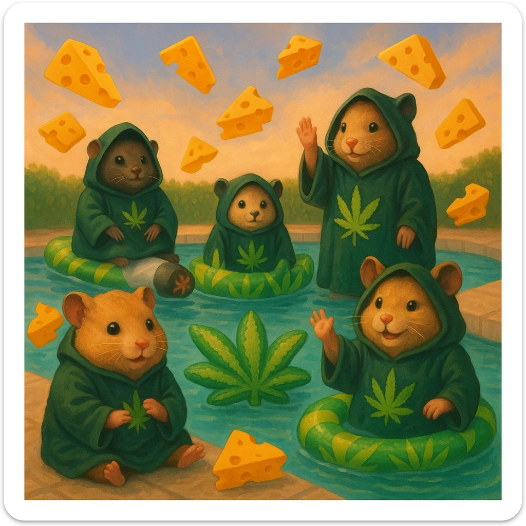 A group of hamsters at a pool party with a cult-like vibe, wearing robes with THC leaf symbols, surrounded by floating cheese slices and weed-themed pool inflatables, playful and surreal. sticker
