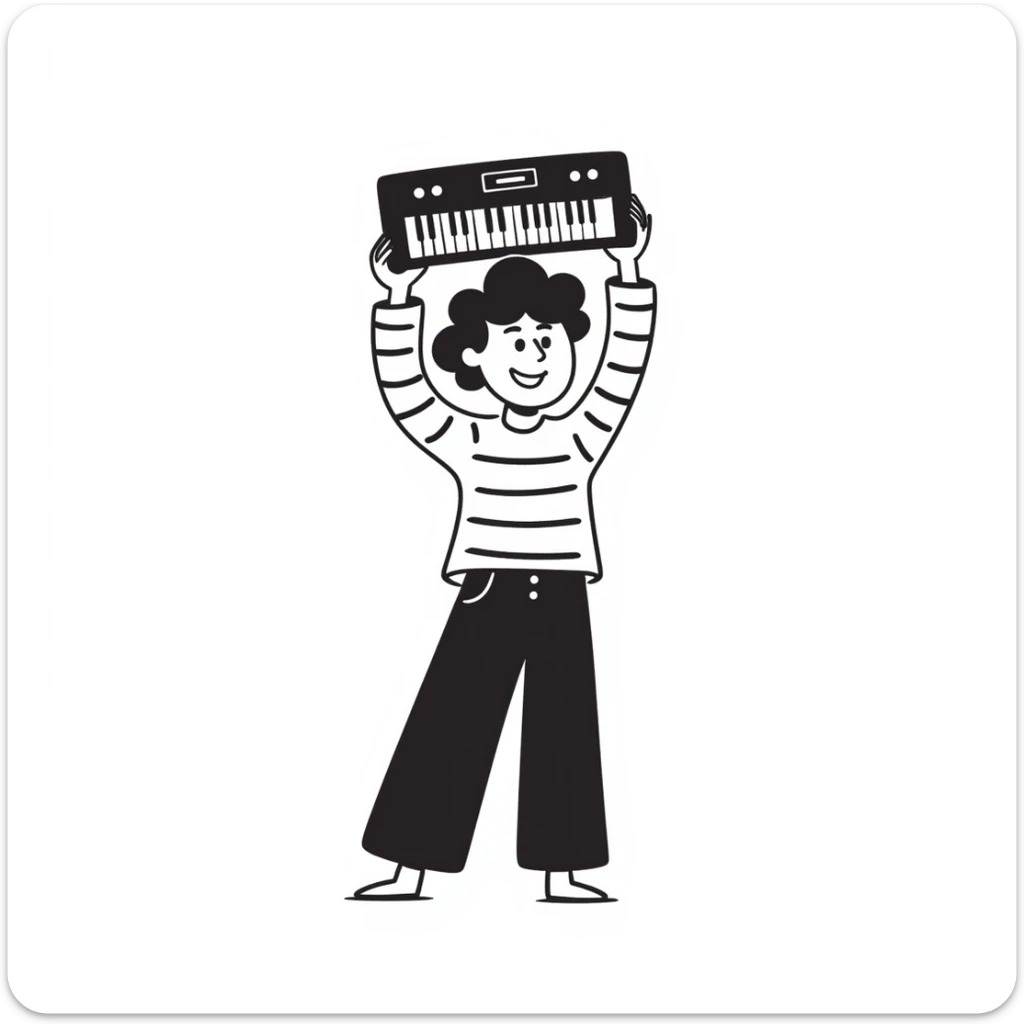 a person holding a keyboard up to their head like a boombox, playful doodle style sticker