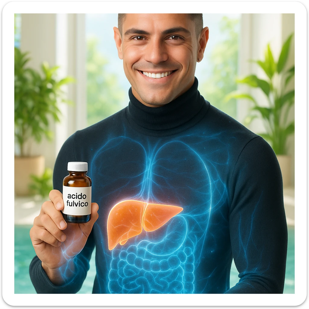 Uomo con il volto del riferimento, tiene una boccetta 'acido fulvico', energia traslucida visibile su pelle e fegato, ambiente luminoso con piante e acqua, stile wellness, testo in italiano. sticker