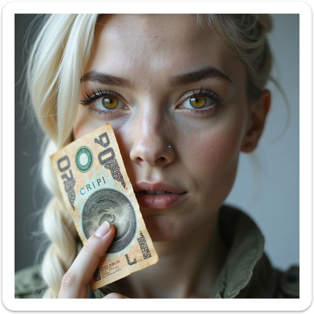 a banknote bill. full frame close up of a "20 crisp" banknote. futuristic, cyberpunk. stellar and planetary style designs adorn the bill. the face pictures is a woman in her 20's, gold yellow eyes, white hair in a single long braid, side of head shaved. she wears a military flight bdu sticker