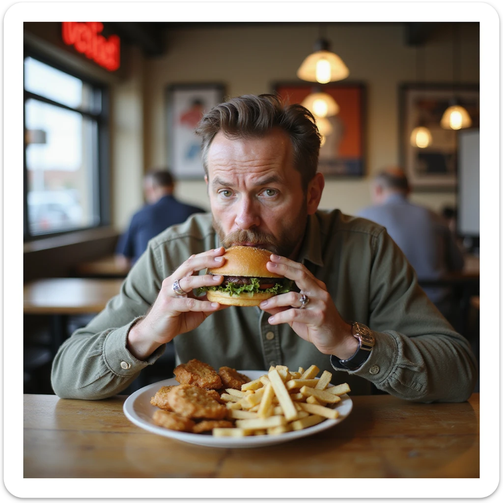 Uomo che mangia spesso fuori casa: seduto in un fast food con hamburger, patatine e bibita, espressione abitudinaria, dettagli 4K, testo in italiano: 'Pranzo veloce fuori casa'. sticker