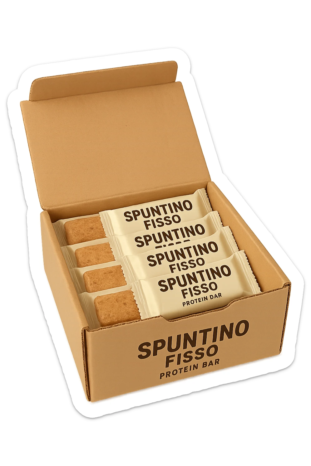 scatola aperta piena di barrette proteiche, con la scritta "SPUNTINO FISSO" SULLA CONFEZIONE in italiano,  realistici sticker