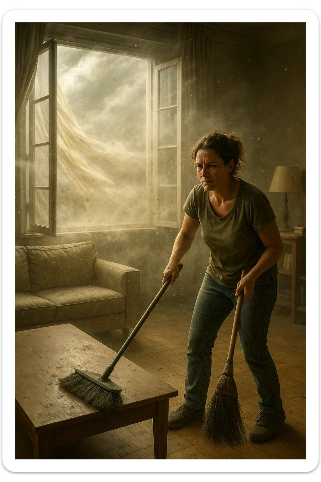 A realistic, cinematic image of a person cleaning a living room with a mop and broom, windows wide open letting in a strong gust of wind. Through the open windows, thick clouds of dust, pollen, and small debris visibly swirl into the room, floating in sunbeams that highlight the particles in the air. The person looks frustrated and tired, mid-action sweeping but clearly battling the incoming dust. Around the room, some furniture and surfaces already show a thin layer of dust settling. The scene is bathed in natural daylight with a slightly hazy atmosphere due to the airborne dust. The color palette uses warm, muted tones emphasizing the contrast between cleanliness efforts and the stubborn dirt and dust invading the space. The focus is on the tension between trying to clean and the unavoidable mess coming in from outside. sticker