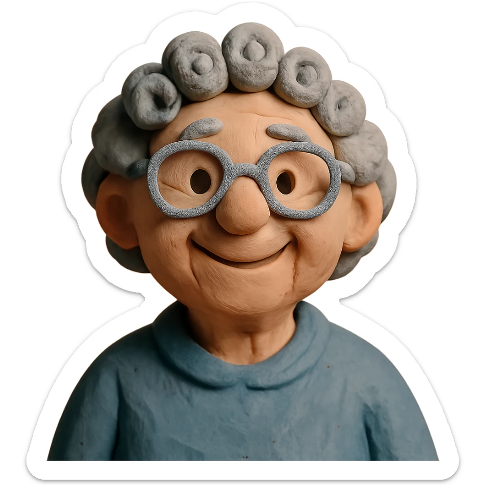 claymation style smiling elderly Caucasian woman, grey curly hair, glasses sticker