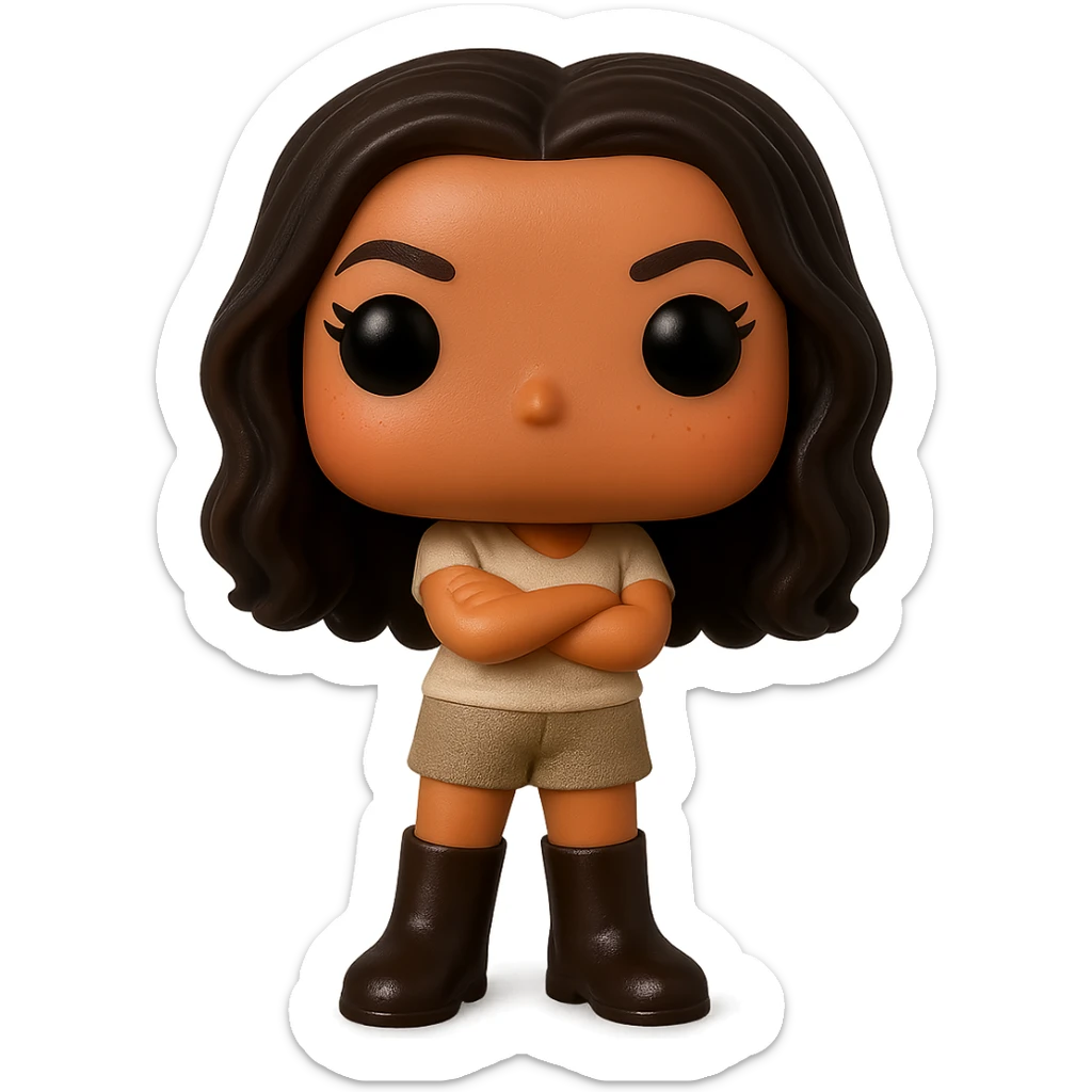 Enhance the quality of the image with smooth tanned skin and a healthy glow, dark hair with subtle auburn highlights, even darker leather boots, textured clothing (cream top, greige bottom), arms crossed, rosy cheekbones, very subtle freckles, no neck visible, eyebrows with a mischievous and playful expression, no mouth, transparent background. Maintain the original style and details from the reference image. sticker