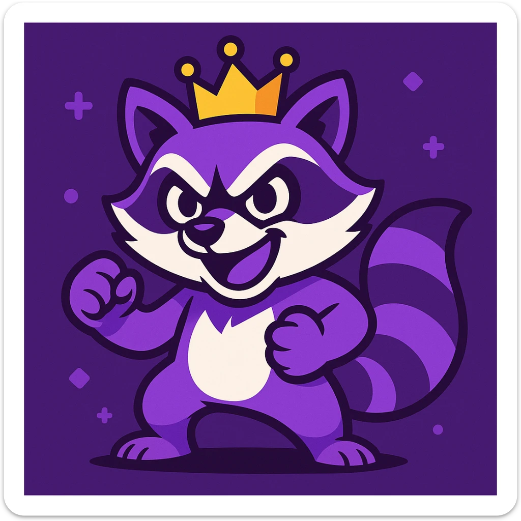 cartoon raccoon with a crown, playful and competitive, purple and white color scheme, Twitch-inspired sticker