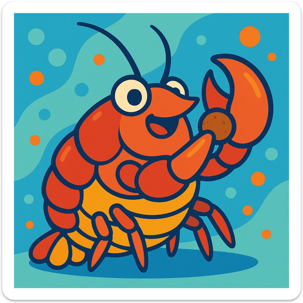 fat crayfish eating a pellet, vibrant and playful style, fun and colorful illustration sticker