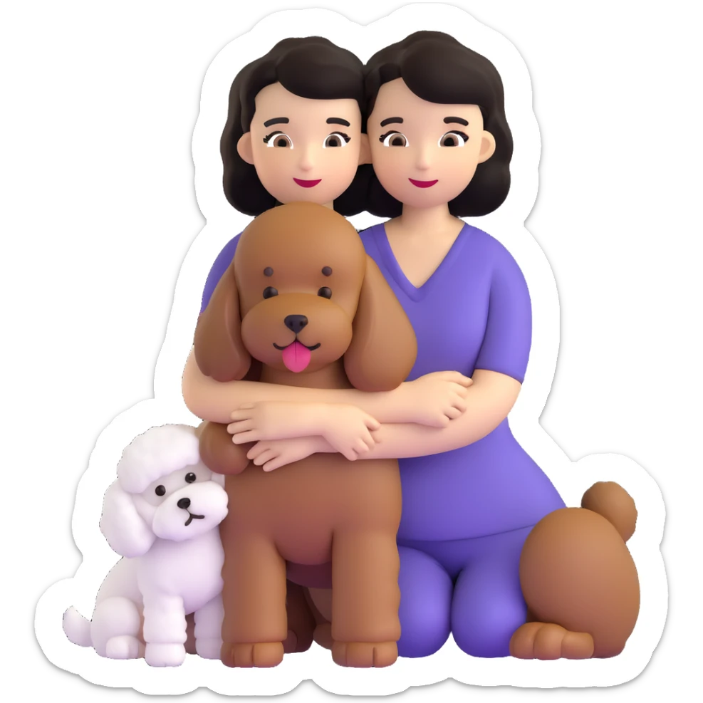 Woman with short black straight hair hugging a brown poodle and a white bichon frise sticker