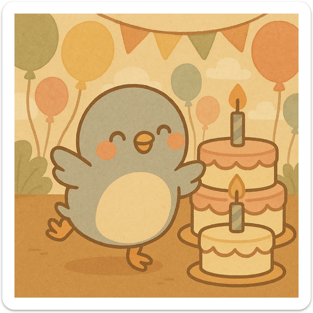 Change the background to a party venue with pastel-tone balloons and party decorations. Keep the baby pigeon dancing in front of the cake as is. The style should be round, cute, and soft. sticker