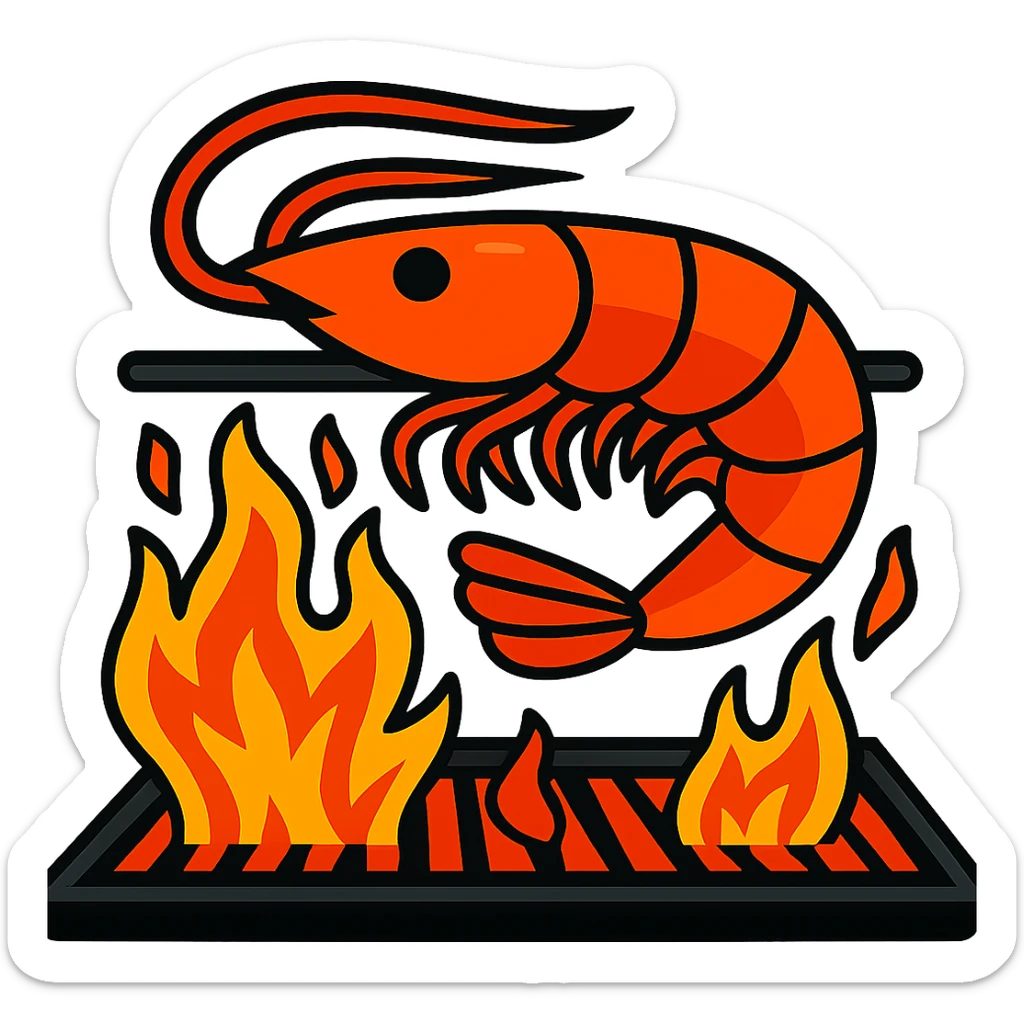 A playful illustration of shrimp grilling over flames with no background, colorful and fun style. sticker