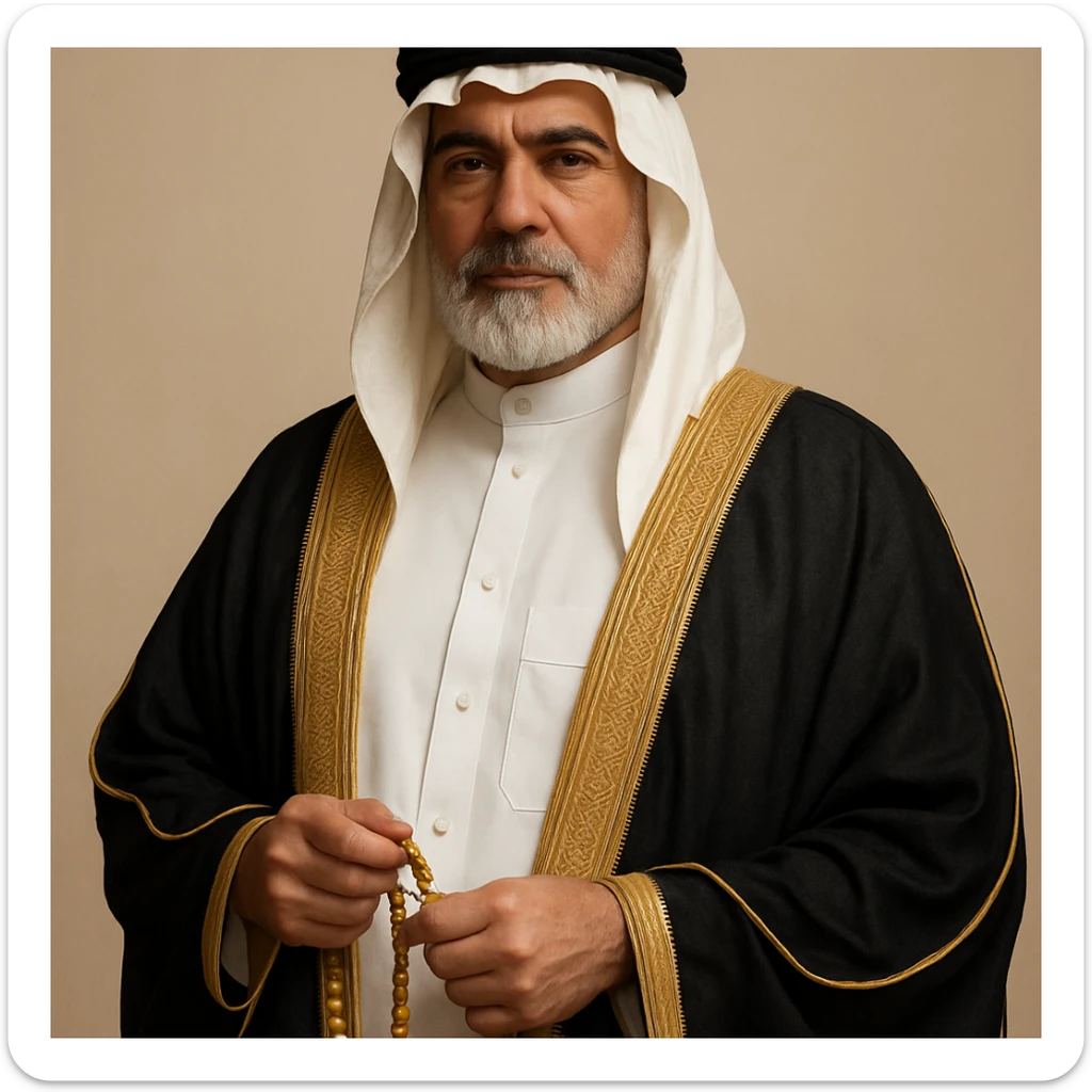 classic rich Arab man, white thobe, ornate bisht, holding prayer beads, sophisticated sticker
