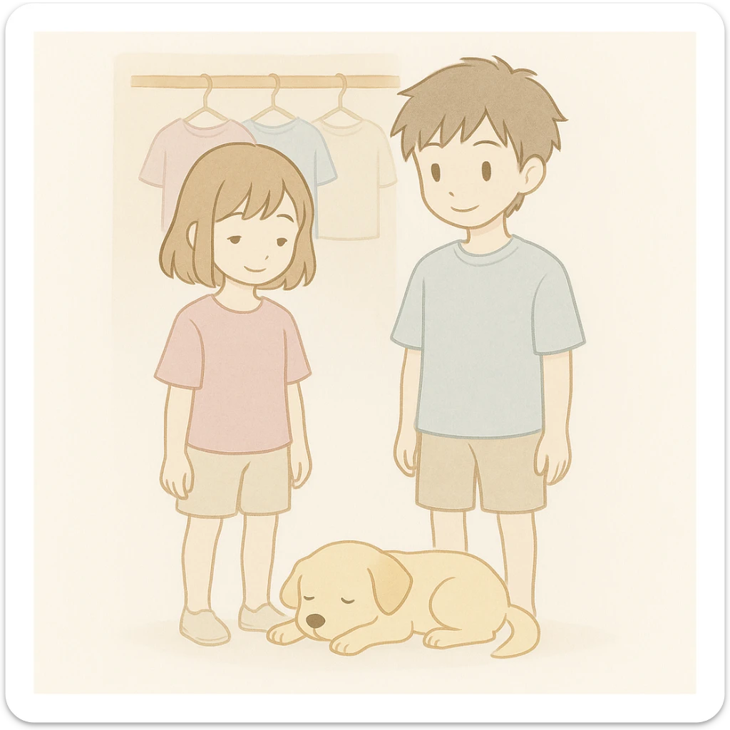 Zoom out to show the full bodies of the boy and girl standing in front of the closet, making the closet more visible. Maintain the soft watercolor illustration style with pastel colors, delicate linework, a gentle, whimsical mood, anime-inspired features, and minimal, soft shading. sticker