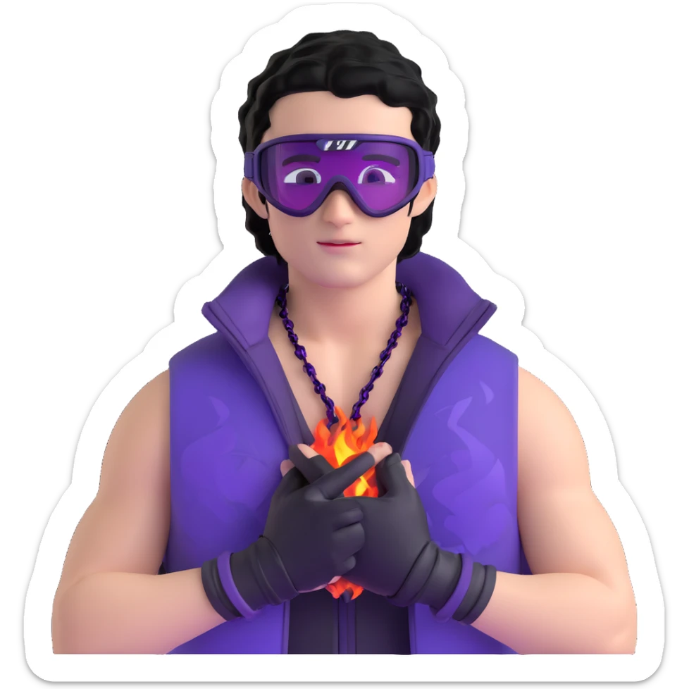 male athlete with white skin and moderately curly black hair on top with shaved sides, wearing ski goggles with purple frames and very dark black lenses, a simple plain black chain necklace, and a completely unzipped sleeveless vest with purple and black sequin fire pattern design, fully revealing his chest, shoulders and arms, no earrings sticker