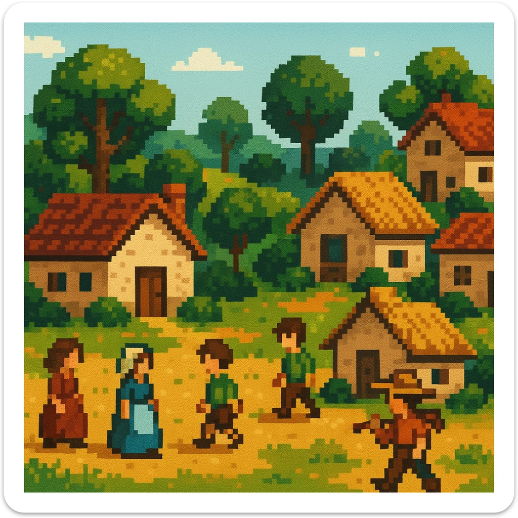 pixel art style scene of village life with small houses, trees, and villagers sticker