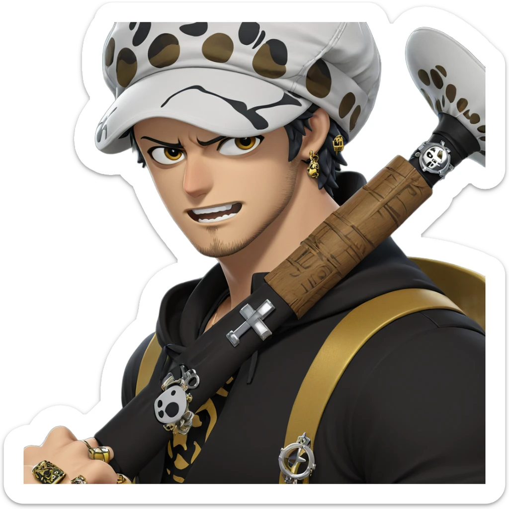 trafalgar law with jewelry and hat sticker