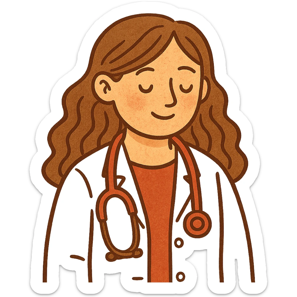 white-skinned female doctor with long wavy brown hair, wearing a white coat, red shirt underneath, red stethoscope around neck, colorful flat style sticker