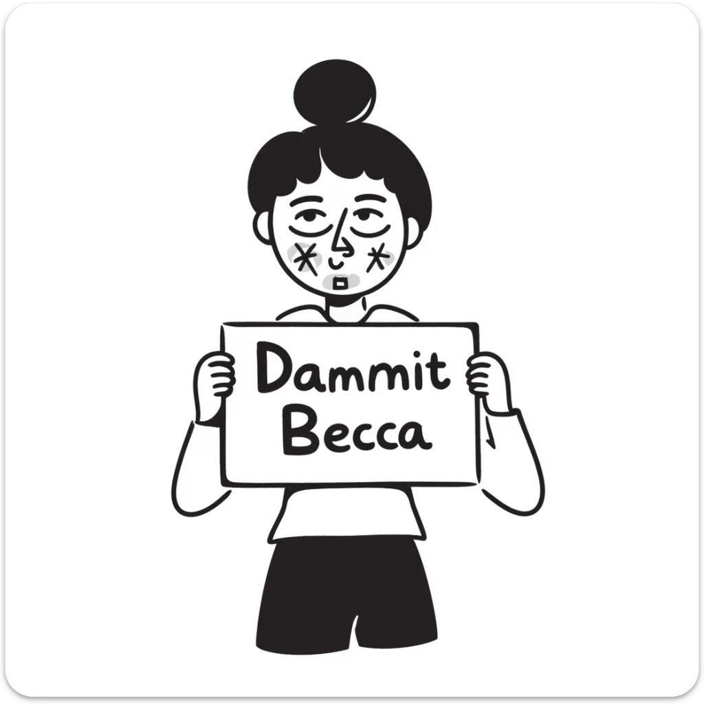 hand-drawn doodle of a face with symbols over the mouth, holding a protest sign that says 'Dammit Becca' sticker