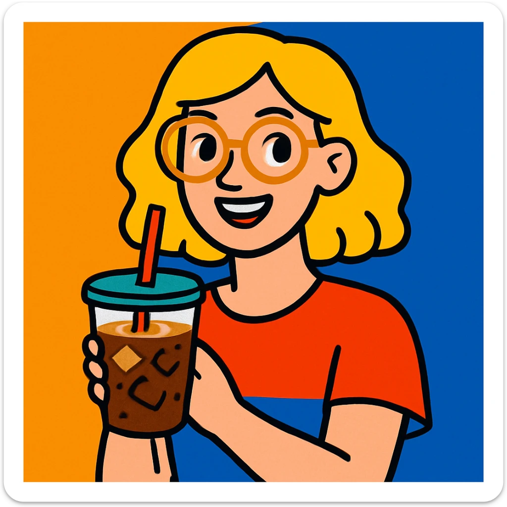 blonde woman with gold glasses holding an iced coffee, vibrant illustration sticker