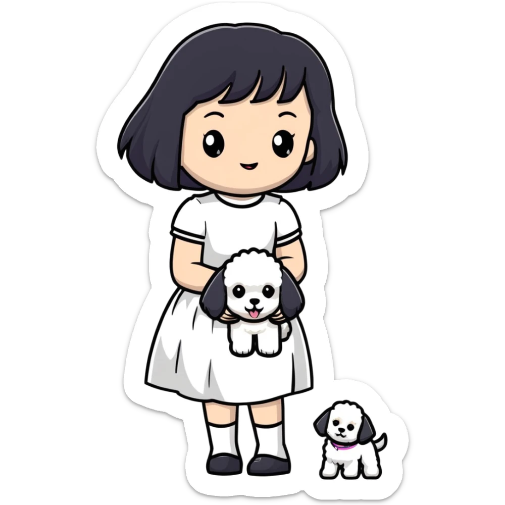 A beautiful girl with long straight black hair wearing a white skirt holding a small white Bichon Frise sticker