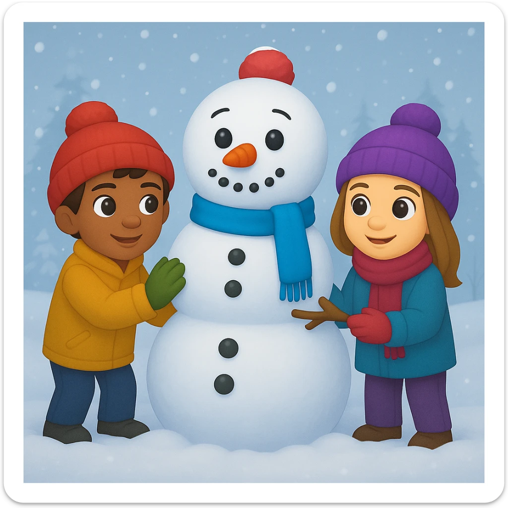 Show two different kids (different hair and clothing colors) building a snowman in a snowy background, keep the emoji style sticker