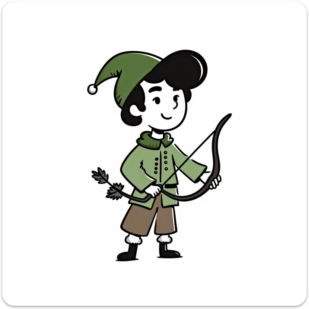 detailed hand drawn doodle of Robin Hood with classic medieval outfit and bow sticker