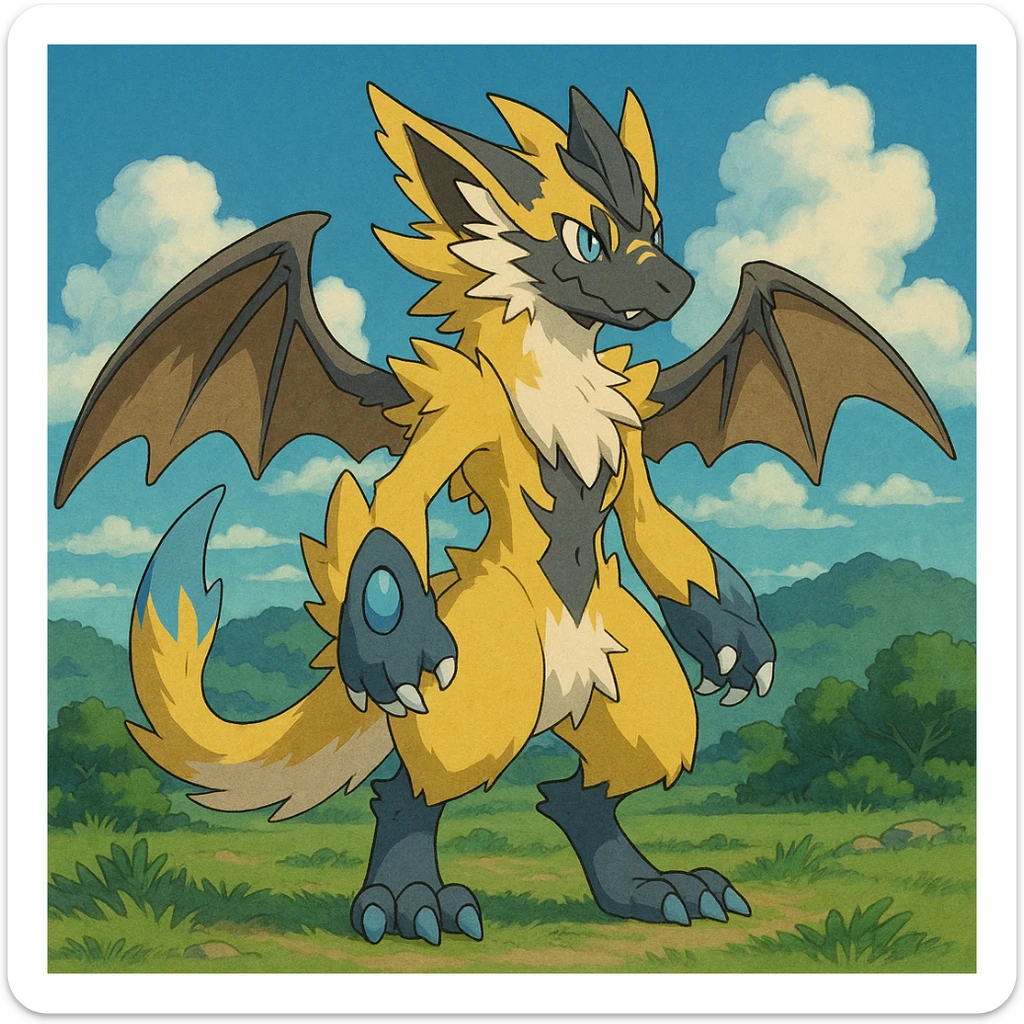 Sergal-Protogen-Trico-Zeraora-Vernid-fusion-hybrid-creature, drawn in a Pokémon/Digimon style sticker