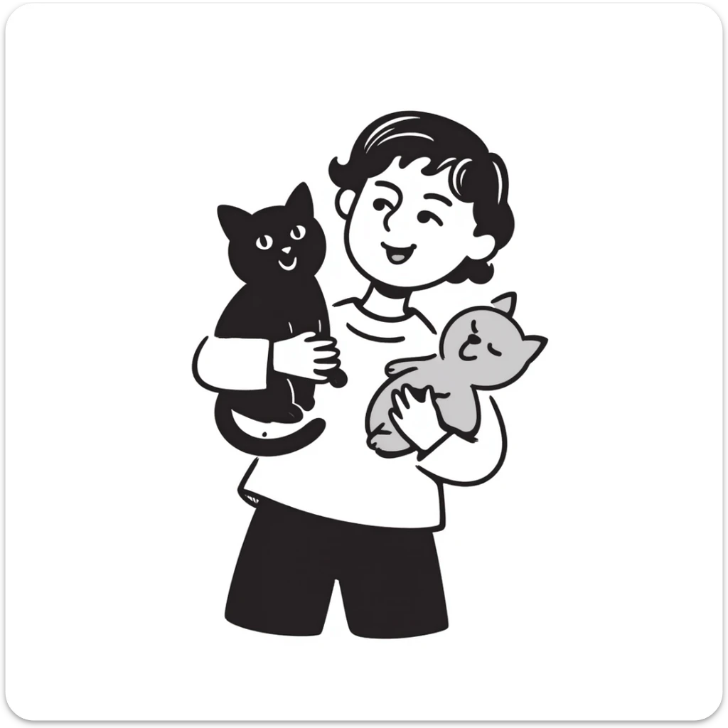 girl with brown hair holding two cats, one tortoiseshell cat and one Scottish cat sticker