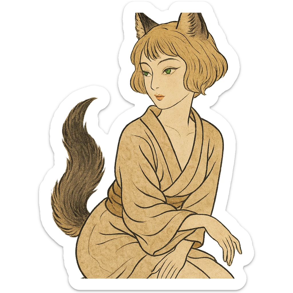 ukiyo-e inspired furry girl with wolf ears and tail, short blonde hair, green eyes, elegant pose, soft skin, ukiyo-e style sticker