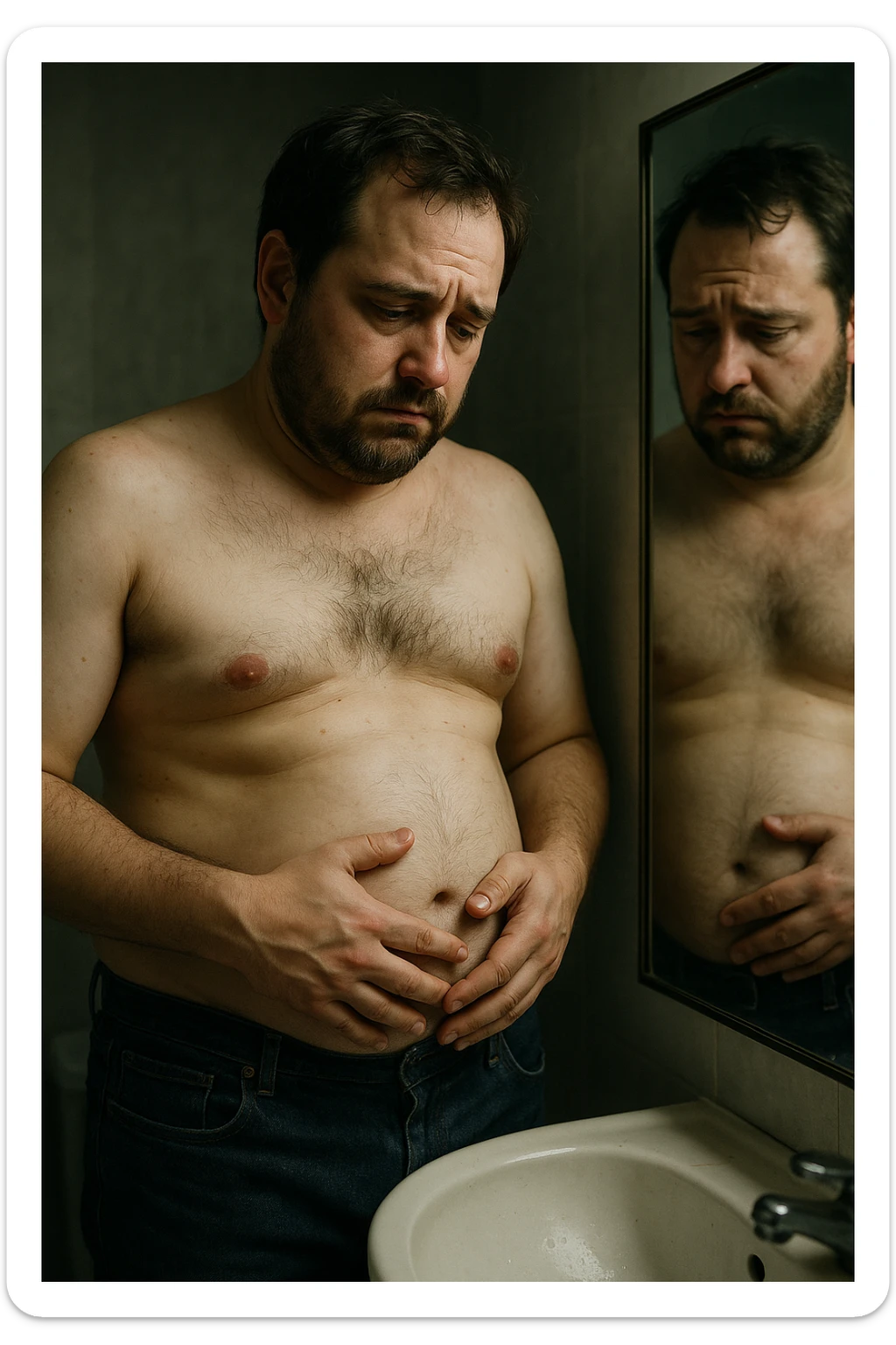 uomo che si guarda allo specchio triste mentre si tocca la pancia, pensieroso, iperrealistico 4k sticker