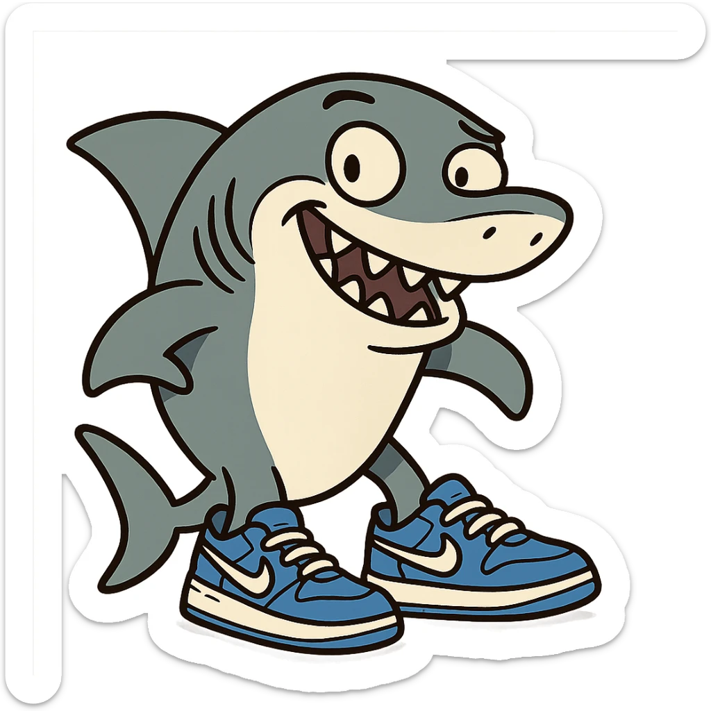 a fun and clear style shark with blue Nike shoes on its feet, cartoonish, playful, vibrant colors sticker