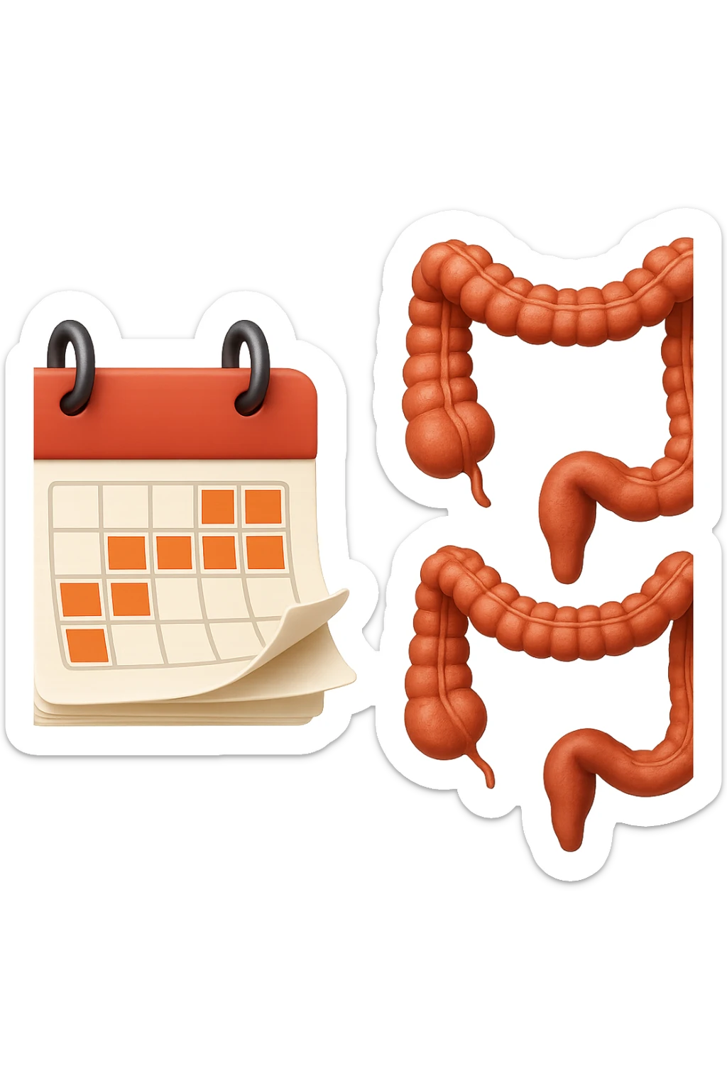 emoji stile iphone di un calendario con fogli che volano insieme a pezzi anatomici di colon umano, iperrealistico 4k, isolato su sfondo bianco sticker