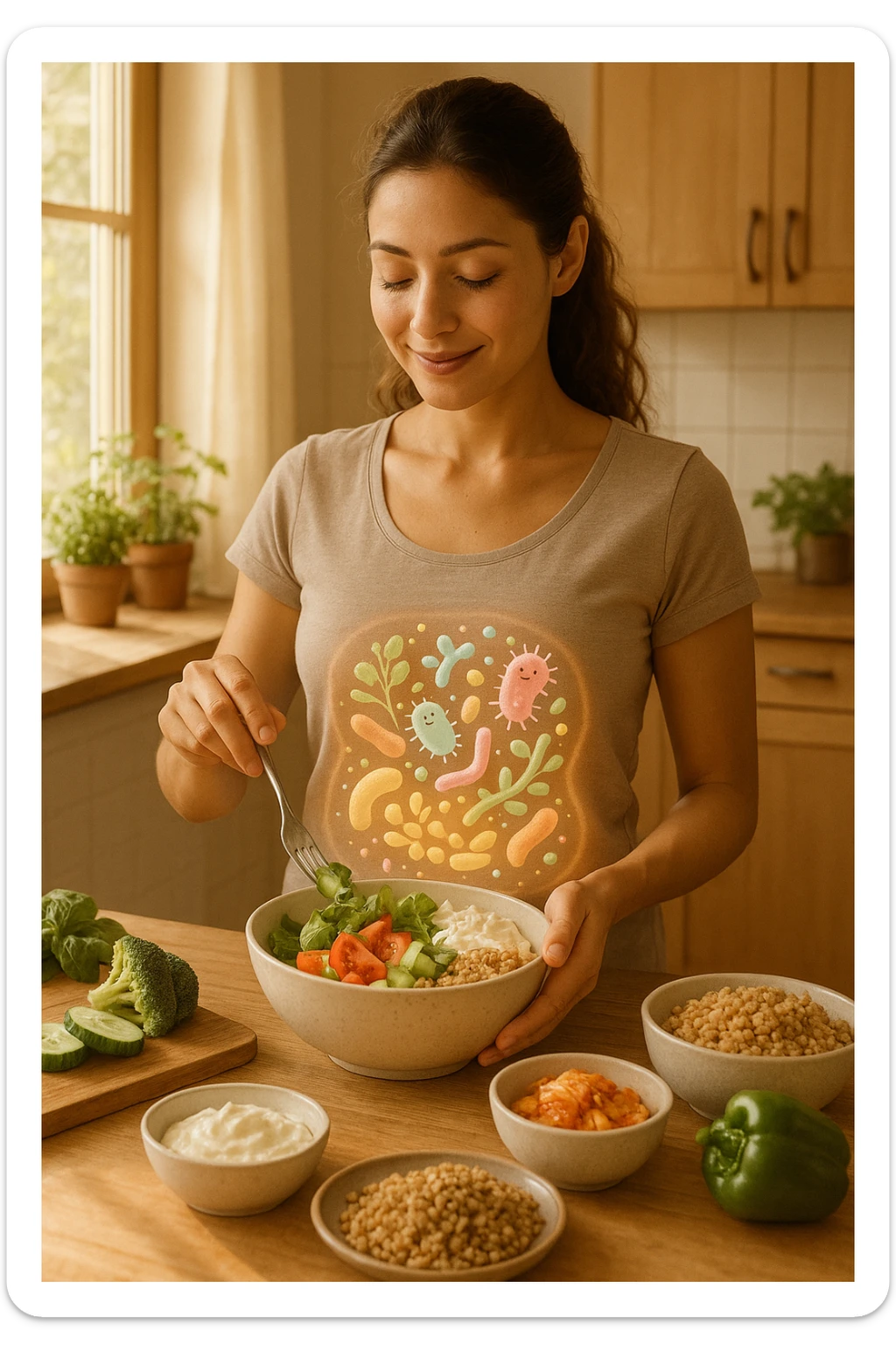 A realistic, warm-toned image of a young woman in a bright, cozy kitchen preparing a healthy meal rich in fiber and probiotics. She smiles softly, focused and calm, as she adds fresh vegetables, fermented foods like yogurt or kimchi, and whole grains to a bowl. Around her abdomen, a subtle, glowing overlay of balanced gut flora—colorful, friendly bacteria and microbes—swirls gently, symbolizing intestinal health and harmony. The setting is natural and inviting, with sunlight streaming through the window, potted herbs on the counter, and clean wooden surfaces. The overall mood conveys wellness, self-care, and the positive journey toward gut balance sticker