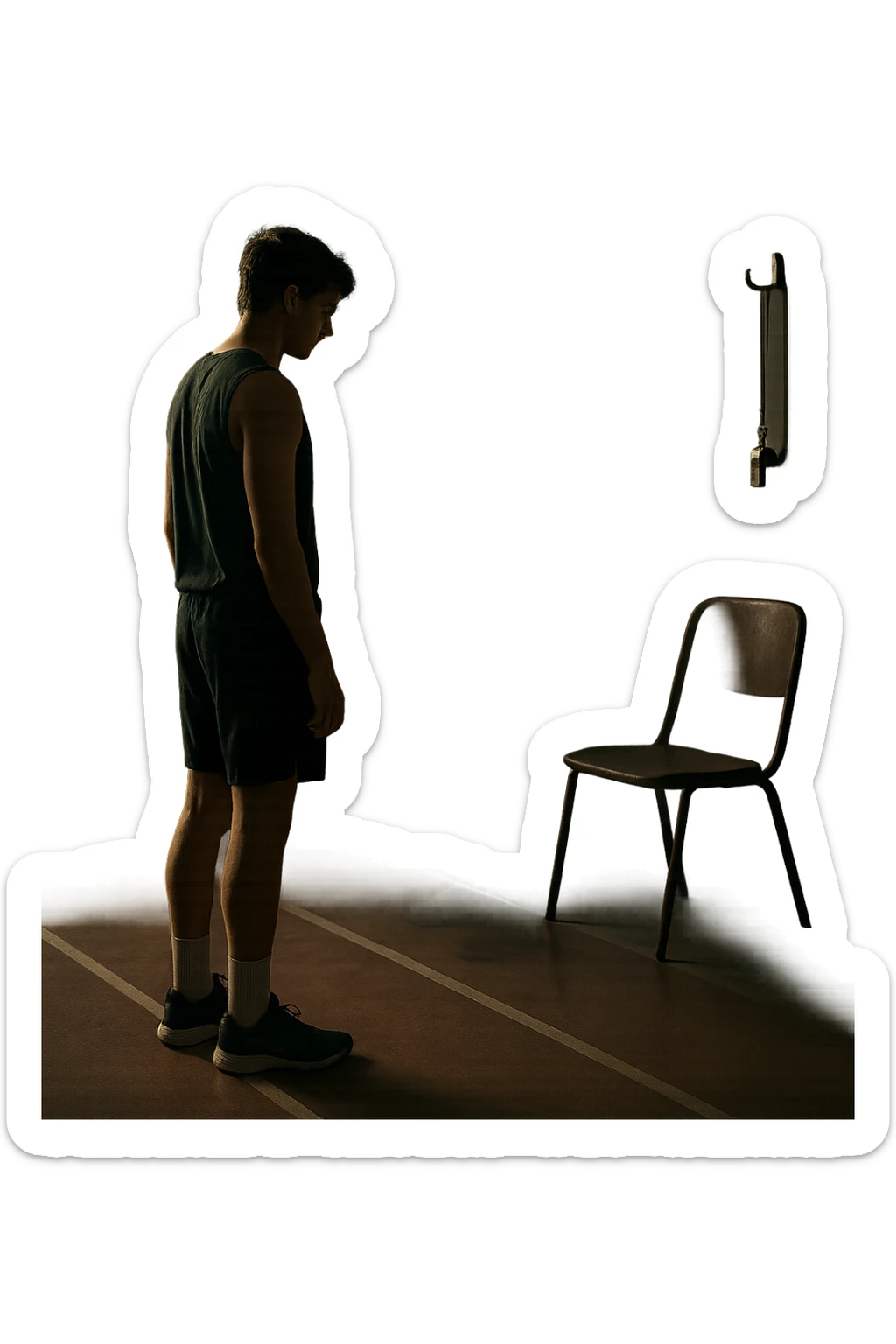 cinematic a person stands alone on a running track or in a fitness studio, glancing toward an empty coach’s chair or whistle hanging on a hook. The absence of the coach is emphasized by a faint, transparent silhouette or shadow where the coach should be. The atmosphere is quiet and a bit disheartened. sticker