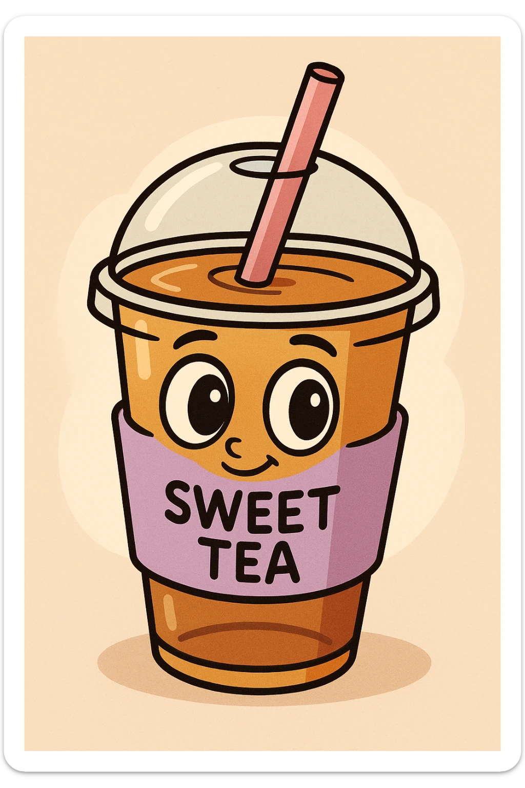 sweet tea cup with a lavender colored sleeve and a pink straw, cartoon style, big eyes sticker