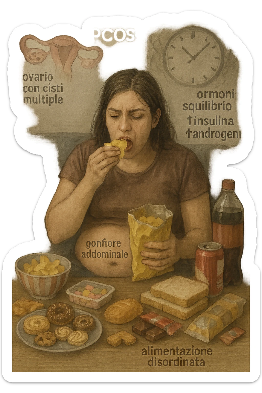 Donna tra i 25 e i 35 anni seduta sul divano o a un tavolo disordinato, circondata da cibi sparsi e poco sani: patatine, dolci, pane bianco, snack confezionati, bibite. Mangiando di fretta, ha un’espressione stanca e frustrata. Intorno a lei, in trasparenza o come illustrazione simbolica, si vedono gli effetti della PCOS peggiorata: ovaie con cisti multiple, squilibrio ormonale (↑ insulina, ↑ androgeni), gonfiore addominale. Sullo sfondo, orologio che corre o caos visivo che comunica disorganizzazione alimentare. Colori spenti e atmosfera stanca. Stile realistico con elementi simbolici e informativi. in italiano sticker