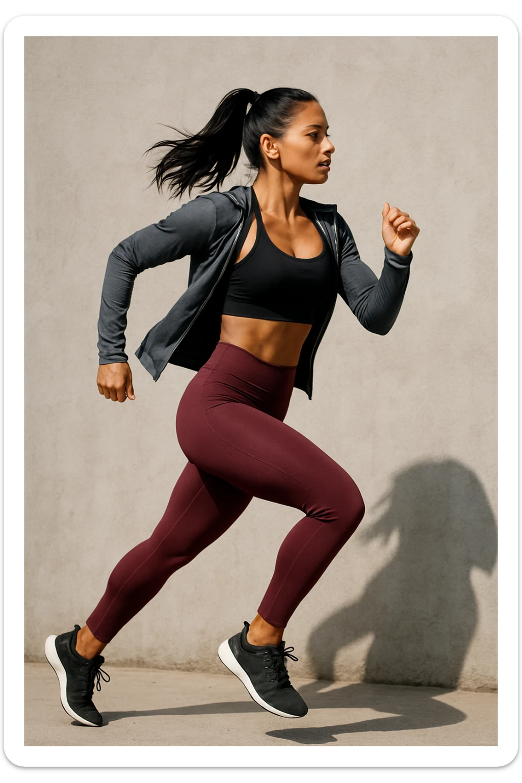 a slightly caramel tan colored woman with straight black hair in a mid-high ponytail, jogging, full body, athletic outfit, dynamic pose sticker