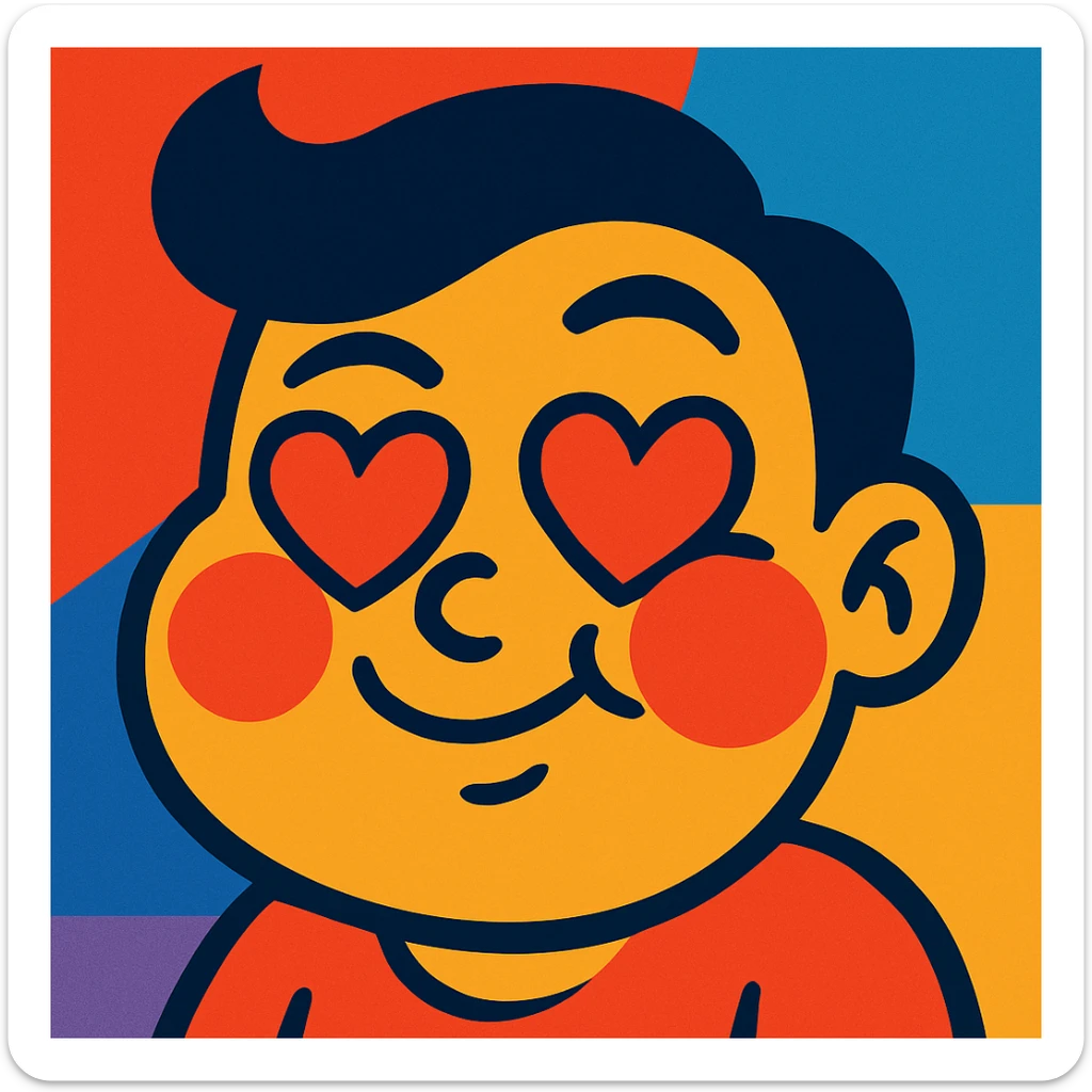 Add heart eyes to the vibrant toon style face with cheeks puffed out, playful smirk, blushing. sticker