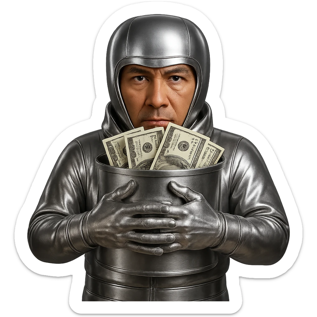 Keep the character's skin color and natural face as it is, and keep the suit, helmet, and bucket chrome. Replace the cartoonish green dollar bills with realistic-looking US dollar bills, with authentic details and textures. The background should remain transparent. sticker
