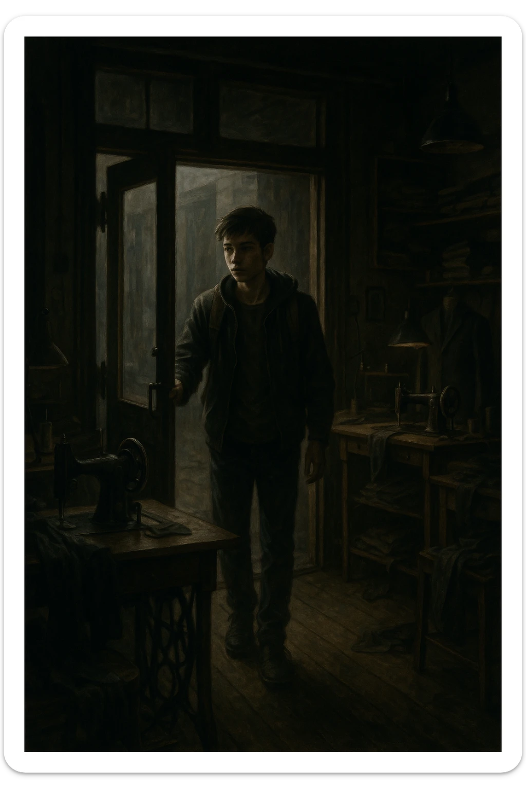 Sartaroshxonaga kirib kelayotgan o'smirin bola u eshikni ochayapti rakurs ichkaridan g'ira shira  sticker