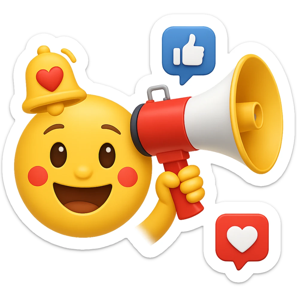 Add a notification bell with a heart to the classic yellow emoji, keeping the background transparent. Include a megaphone and social media icons to emphasize social media marketing. The emoji should have a classic yellow emoji style. sticker