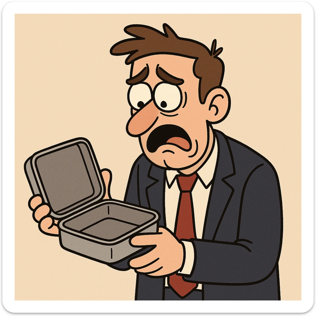 A hungry salaryman in a suit, looking at an empty lunchbox, cartoon style sticker