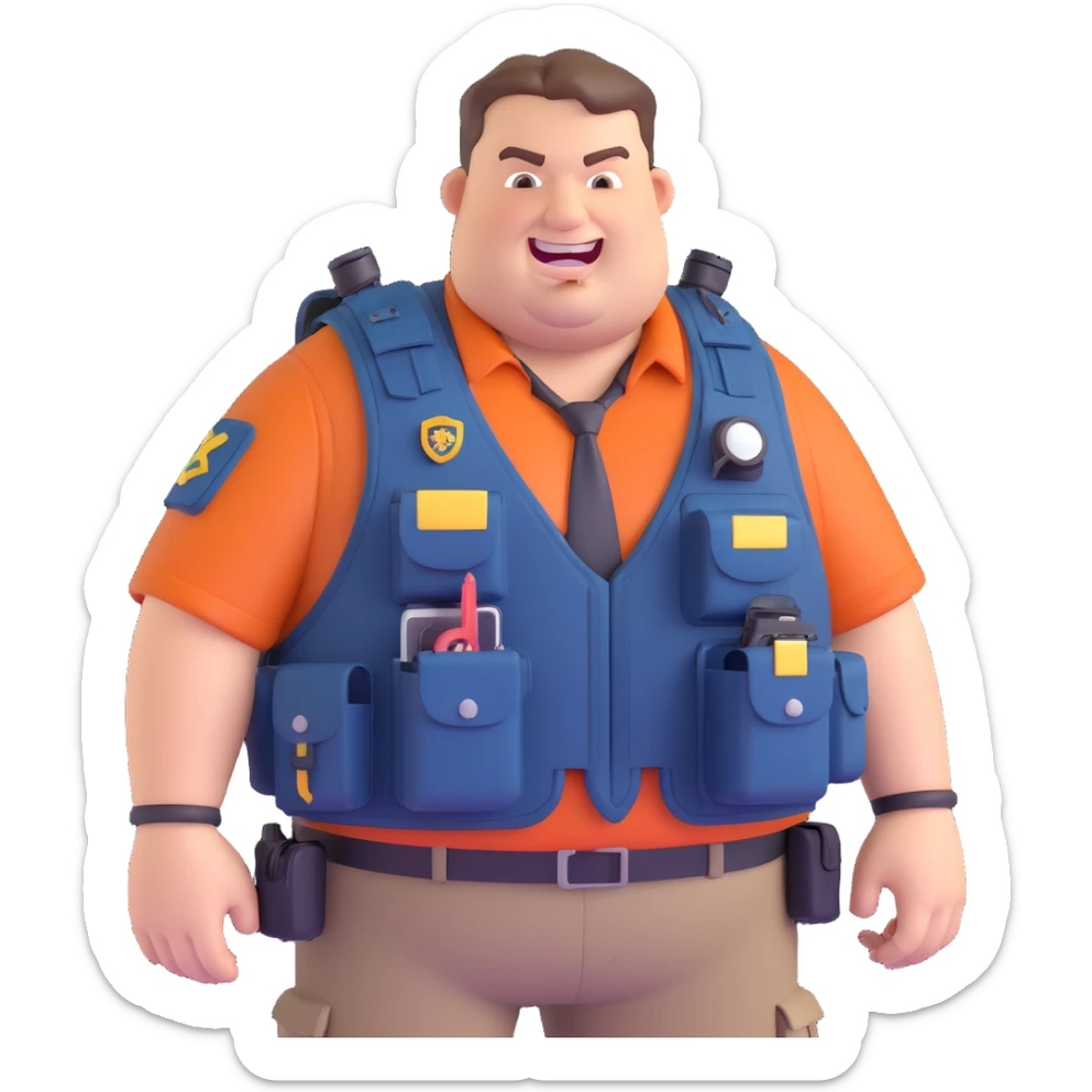 big overweight federal agent with prominent buck teeth wearing tactical vest loaded with gadgets looking like a redneck 3D cartoon style sticker