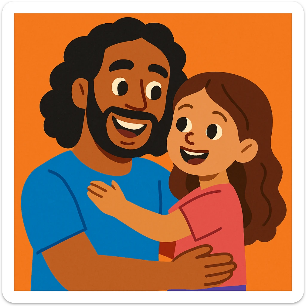 A dad with brown skin and shoulder length curly black hair, next to a young girl with light brown skin and long brown wavy hair, both smiling, friendly and warm style sticker