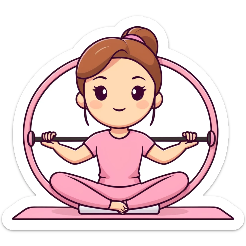 Girl with light brown hair and hazel eyes wearing a pink matching set holding a Pilates circle sticker