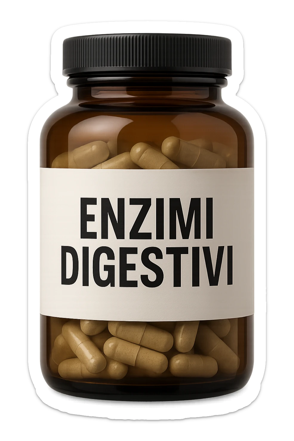 barattolo di integratore con la scritta "ENZIMI DIGESTIVI", iperrealistico 4k sticker