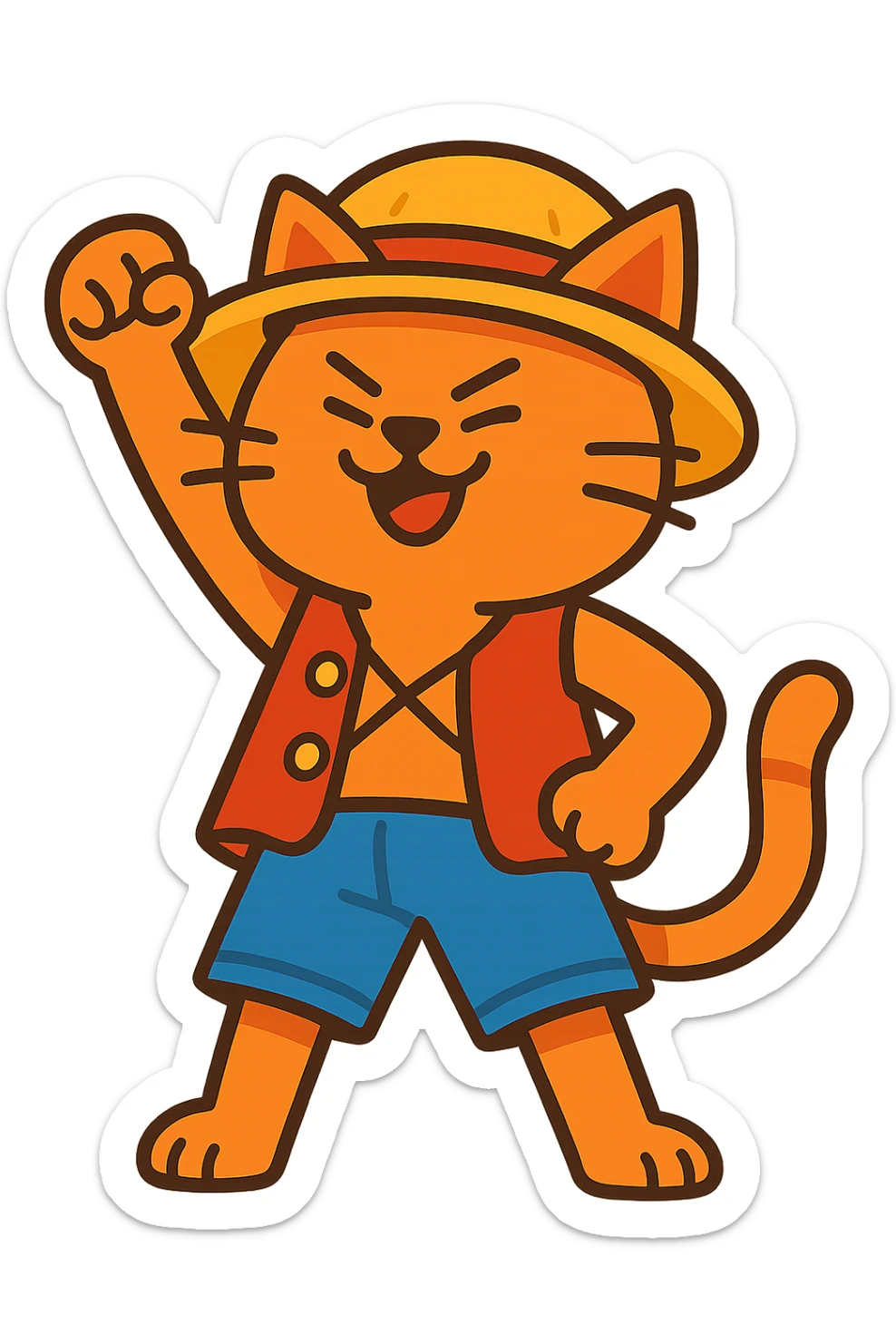 cat as Luffy from One Piece, standing heroically, straw hat, blue shorts, cartoon style, no background sticker