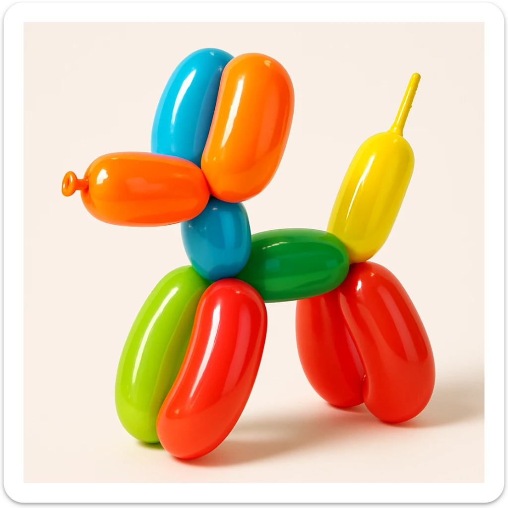 playful balloon dog, bright colors, simple background, 3D balloon animal style sticker
